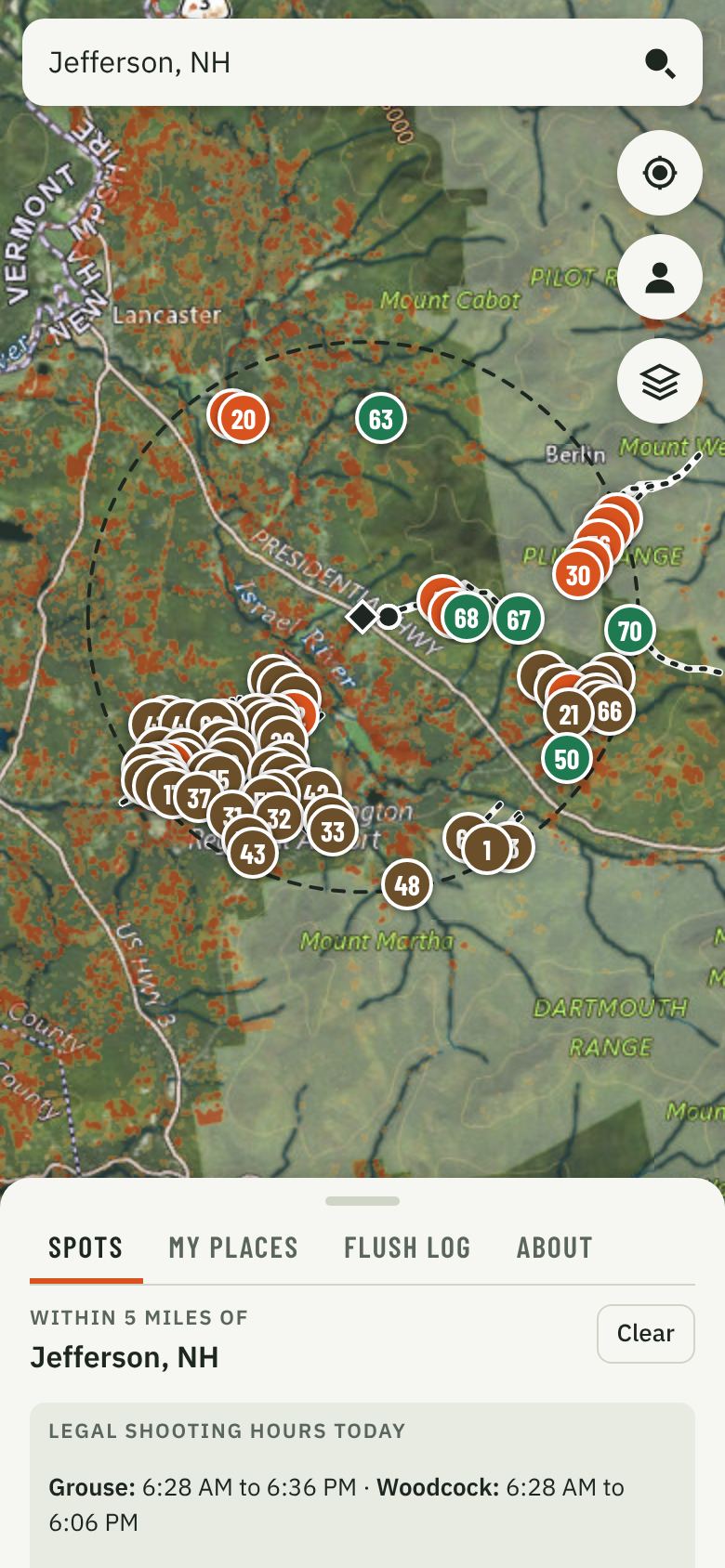Grouse Finder on a phone: ranked grouse and woodcock covers near Jefferson, New Hampshire, on an aerial map